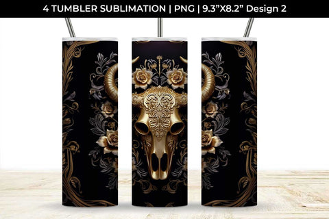 3d Gold Black Bull Skull Tumbler Wrap Sublimation PNG Bundle Free For Commercial Use Sublimation Sintegra 
