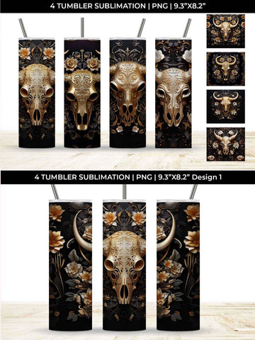 3d Gold Black Bull Skull Tumbler Wrap Sublimation PNG Bundle Free For Commercial Use Sublimation Sintegra 