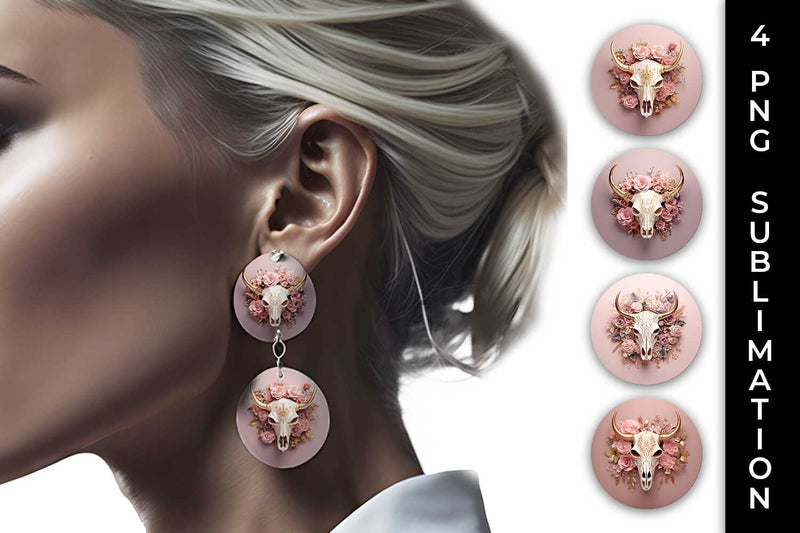 3d Gold Pink Bull Skull Earrings Sublimation PNG Bundle Sublimation Sintegra 