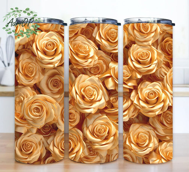 3D Gold Roses 20oz Skinny Tumbler Png, Floral Leather Texture, Seamless Sublimation Designs, Digital Download In Png, Commercial Use, Rose Gold Floral Tumbler Sublimation AdriOP 
