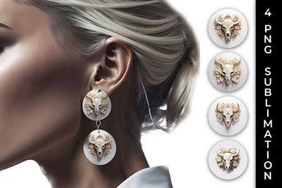 3d Gold White Bull Skull Earrings Sublimation PNG Bundle Sublimation Sintegra 