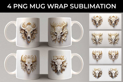 3d Gold White Bull Skull Mug Sublimation PNG Bundle Free For Commercial Use Sublimation Sintegra 