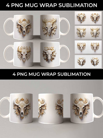 3d Gold White Bull Skull Mug Sublimation PNG Bundle Free For Commercial Use Sublimation Sintegra 