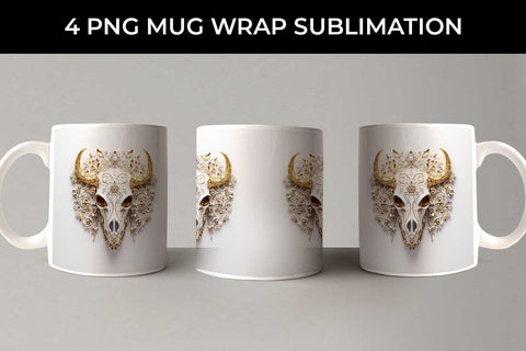 3d Gold White Bull Skull Mug Sublimation PNG Bundle Free For Commercial Use Sublimation Sintegra 