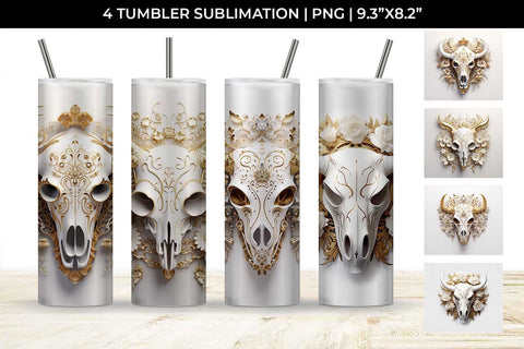 3d Gold White Bull Skull Tumbler Wrap Sublimation PNG Bundle Free For Commercial Use Sublimation Sintegra 