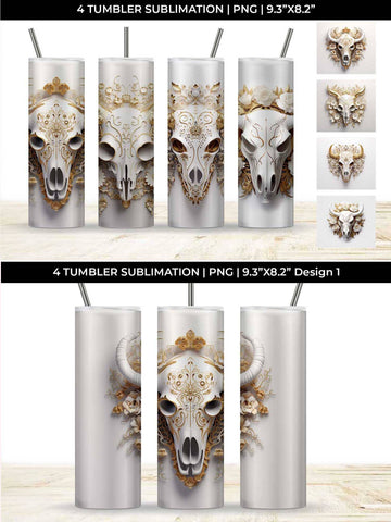 3d Gold White Bull Skull Tumbler Wrap Sublimation PNG Bundle Free For Commercial Use Sublimation Sintegra 
