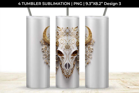 3d Gold White Bull Skull Tumbler Wrap Sublimation PNG Bundle Free For Commercial Use Sublimation Sintegra 