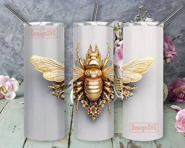 3D Golden Bee 20 oz Skinny Tumbler Sublimation Design, 3D Golden Bee Honey Comb Tumbler Wrap, White Background Gold 3D Bee Tumbler, Golden Honey Bee Tumbler Wrap Sublimation DesignSVG 