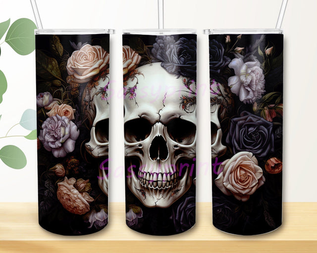 3D Gothic Flowers Skull 20oz Skinny Tumbler Png, 3D Skull Peonies Png, Skull and Watercolor Flowers Tumbler, Gothic Halloween Tumbler Wrap Sublimation sassyprint 