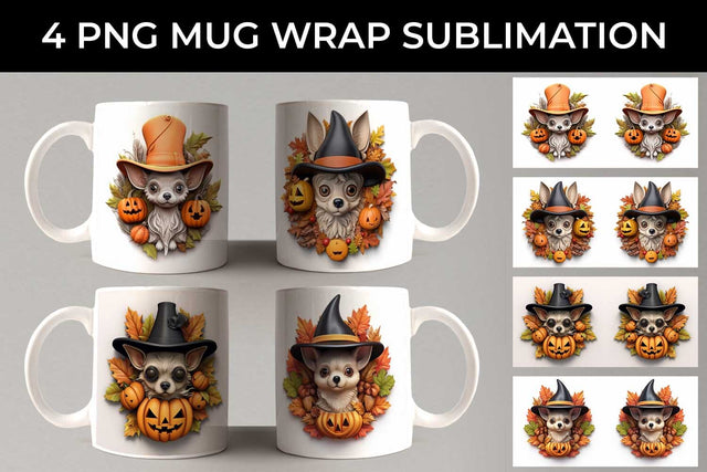 3D Halloween Chihuahua Dog Mug Wrap Sublimation PNG Bundle Free For Commercial Use Sublimation Sintegra 