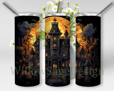 3D Halloween Haunted House 20oz Skinny Tumbler, Sublimation Design, Straight Tumbler Wrap PNG, Instant Digital Download, Scared Halloween Tumbler Sublimation WillowSageDesign 