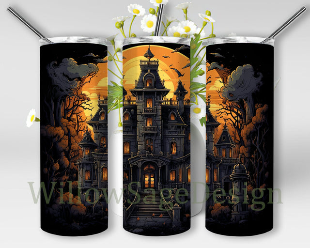 3D Halloween Haunted House 20oz Skinny Tumbler, Sublimation Design, Straight Tumbler Wrap PNG, Instant Digital Download, Scared Halloween Tumbler Sublimation WillowSageDesign 