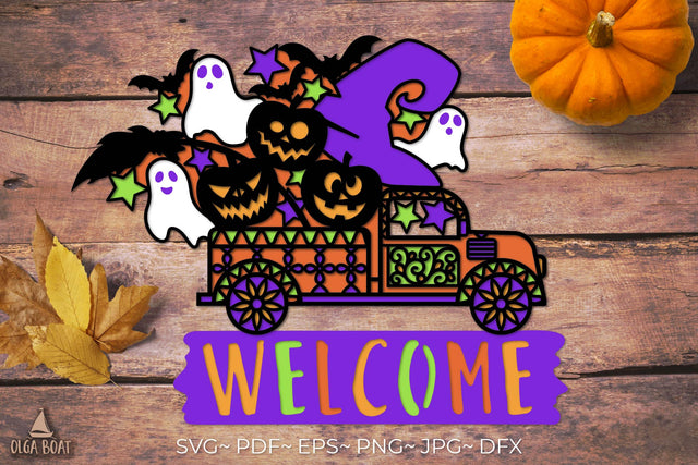 3d Halloween Truck | Halloween Welcome sign layered svg SVG Olga Boat Design 