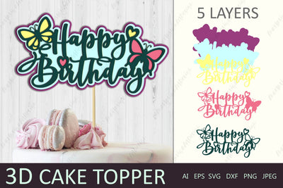 3d happy birthday cake topper with butterfly, Layered cake topper svg 3D Paper AnastasiyaArtDesign 