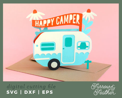 3D Happy Camper Box Card 3D Paper Furrow and Feather SVG 