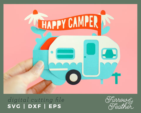 3D Happy Camper Box Card 3D Paper Furrow and Feather SVG 
