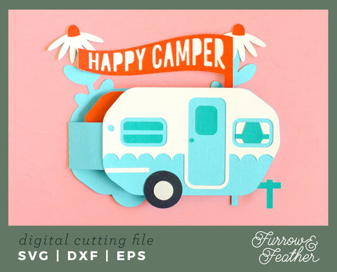 3D Happy Camper Box Card 3D Paper Furrow and Feather SVG 