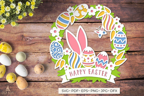 3D Happy Easter Wreath | Happy Easter layered paper cut 3D Paper Olga Boat Design 