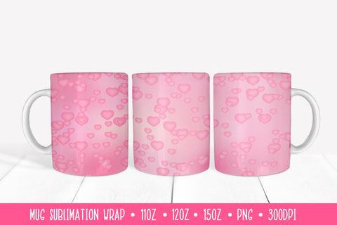 3d Hearts Mug Sublimation Wrap. Pink Valentines Day Mug Sublimation LaBelezoka 