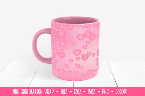 3d Hearts Mug Sublimation Wrap. Pink Valentines Day Mug Sublimation LaBelezoka 