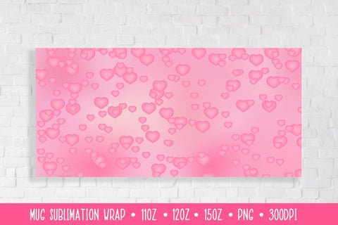 3d Hearts Mug Sublimation Wrap. Pink Valentines Day Mug Sublimation LaBelezoka 