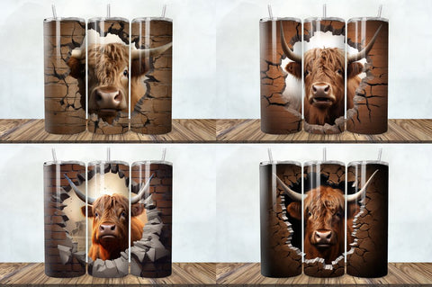 3D Highland Cow Cracked Hole Tumbler Bundle Sublimation Regulrcrative 