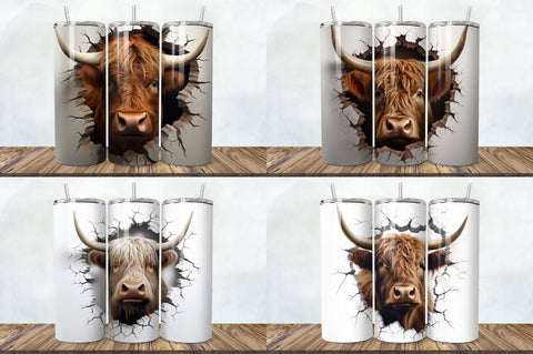 3D Highland Cow Cracked Hole Tumbler Bundle Sublimation Regulrcrative 