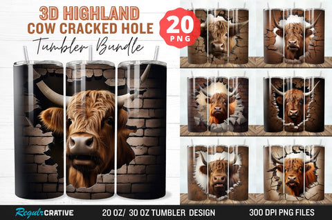 3D Highland Cow Cracked Hole Tumbler Bundle Sublimation Regulrcrative 