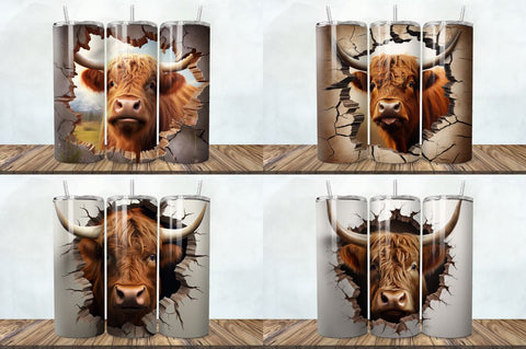 3D Highland Cow Cracked Hole Tumbler Bundle Sublimation Regulrcrative 
