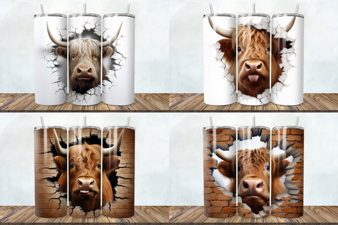 3D Highland Cow Cracked Hole Tumbler Bundle Sublimation Regulrcrative 