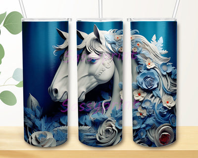 3D Horse Blue Flowers 20oz Skinny Tumbler Png, 3D A White Horse Made Out Of Clay And Flowers On Blue Floral Background Png, 3D A White Horse Tumbler Sublimation sassyprint 