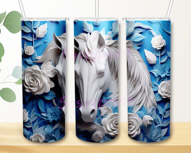 3D Horse Blue Flowers 20oz Skinny Tumbler Png, 3D A White Horse Made Out Of Clay And Flowers On Blue Floral Background Png, 3D A White Horse Tumbler Sublimation sassyprint 
