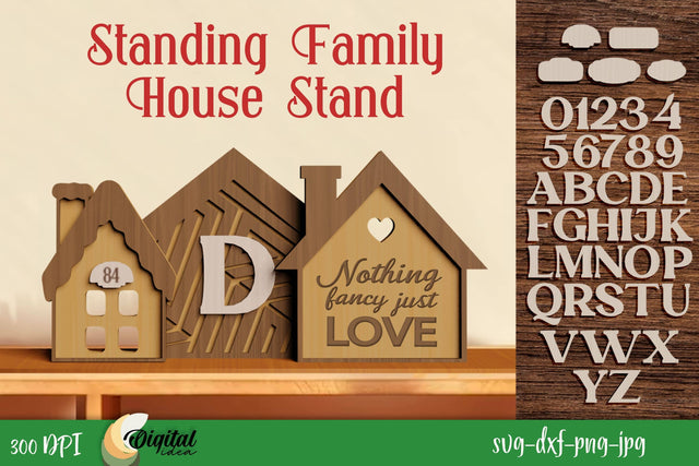 3D House Silhouette Laser Cut. Standing Family House Stands SVG Evgenyia Guschina 