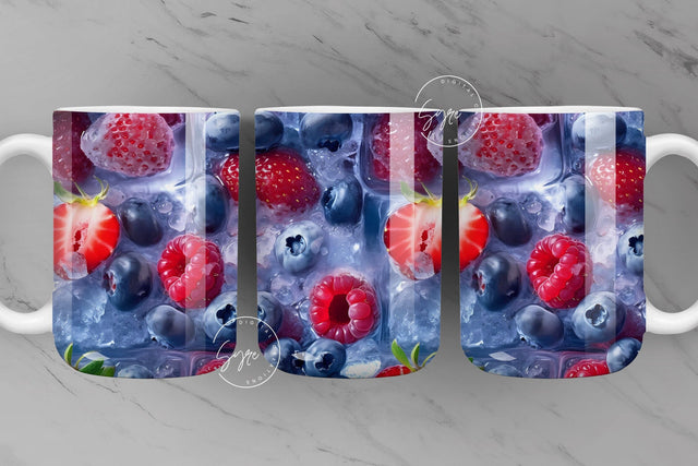 3D Ice Cubes Mug, Summer, Frozen Fruits, Strawberry, Raspberry, Blueberry, 11 & 15 Oz Mug Sublimation Wrap, Fruits in Ice cube, Digital File Sublimation Syre Digital Creations 