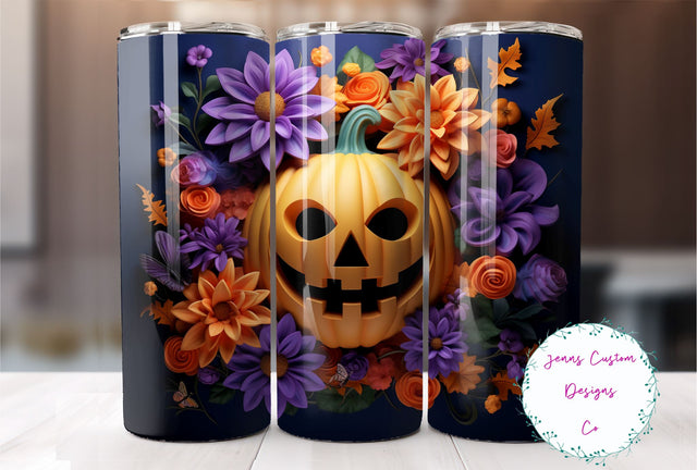 3D Jack O Lantern with Flowers, Halloween 20 oz Skinny Tumbler Sublimation Design Digital Download PNG Instant DIGITAL ONLY, Straight tumbler wrap. Sublimation Jenn Driscoll 