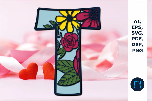 3d layer floral alphabet T laser cut svg SVG MD JOYNAL ABDIN 