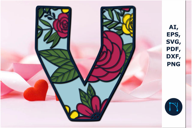 3d layer floral alphabet V laser cut svg SVG MD JOYNAL ABDIN 