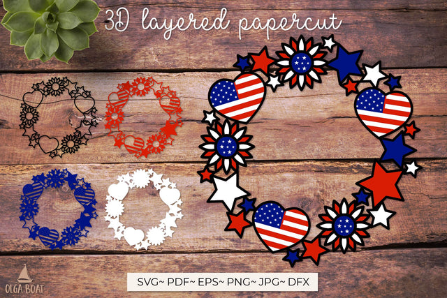 3D Layered 4th of July Wreath Patriotic USA cut file 3D Paper Olga Boat Design 