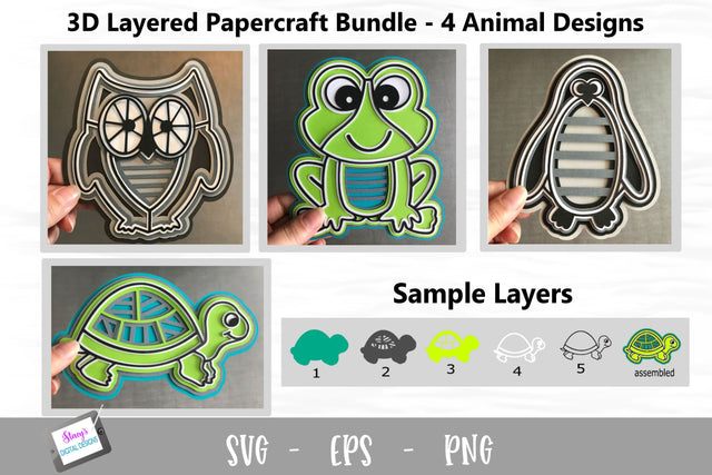 3D Layered Animal Bundle - Turtle, Frog, Owl, Penguin 3D Paper Stacy's Digital Designs 