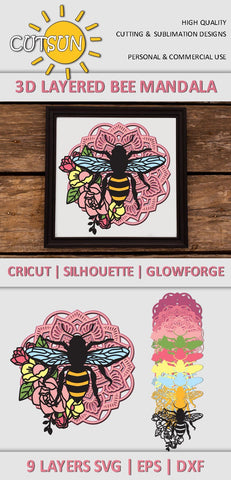 3D Layered Bee Mandala SVG - 9 layers 3D Paper CutsunSVG 
