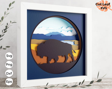 3d Layered Bison svg, buffalo svg, laser cut files, cnc files for wood, Shadow box svg, Laser cut Deer, papercraft, Glowforge, Mountain svg 3D Paper CutLeafSvg 