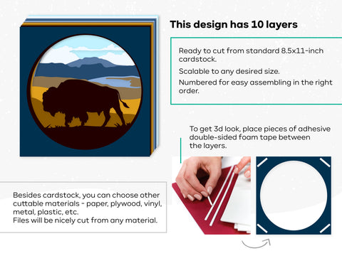 3d Layered Bison svg, buffalo svg, laser cut files, cnc files for wood, Shadow box svg, Laser cut Deer, papercraft, Glowforge, Mountain svg 3D Paper CutLeafSvg 
