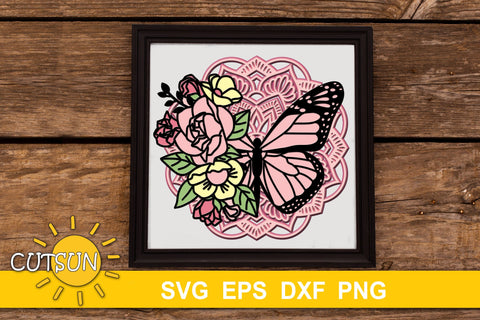 3D Layered Butterfly Mandala SVG - 8 layers 3D Paper CutsunSVG 