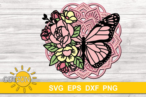 3D Layered Butterfly Mandala SVG - 8 layers 3D Paper CutsunSVG 