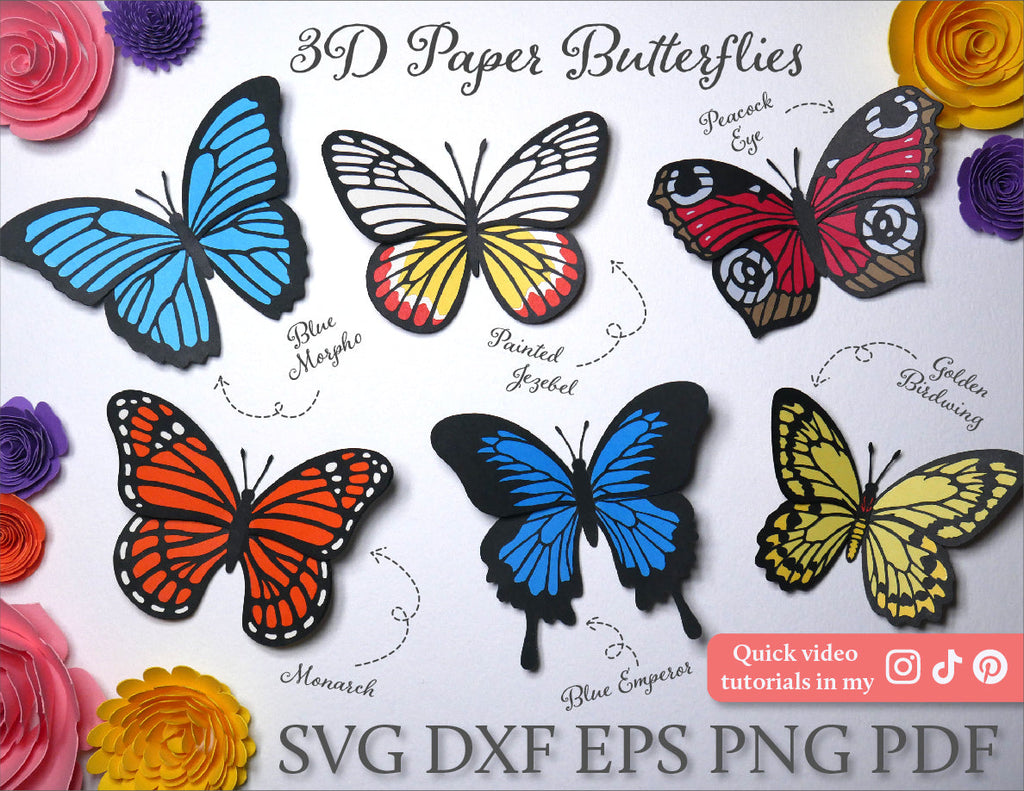 3d Layered butterfly SVG templates | 6 paper realistic butterflies ...