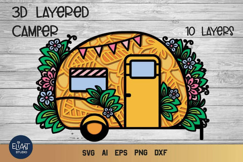 3D Layered Camper SVG, Camping SVG, Camp Life SVG, Happy Camper with Flowers. 3D Paper Elinorka 