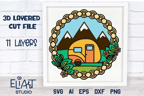 3D Layered Camper SVG, Camping SVG Frame, Happy Camper with Mountains. 3D Paper Elinorka 