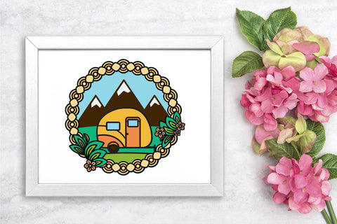 3D Layered Camper SVG, Camping SVG Frame, Happy Camper with Mountains. 3D Paper Elinorka 