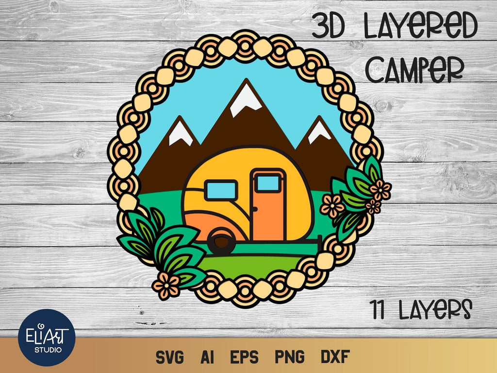 3D Layered Camper SVG, Camping SVG Frame, Happy Camper with Mountains