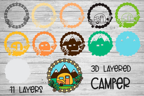 3D Layered Camper SVG, Camping SVG Frame, Happy Camper with Mountains. 3D Paper Elinorka 